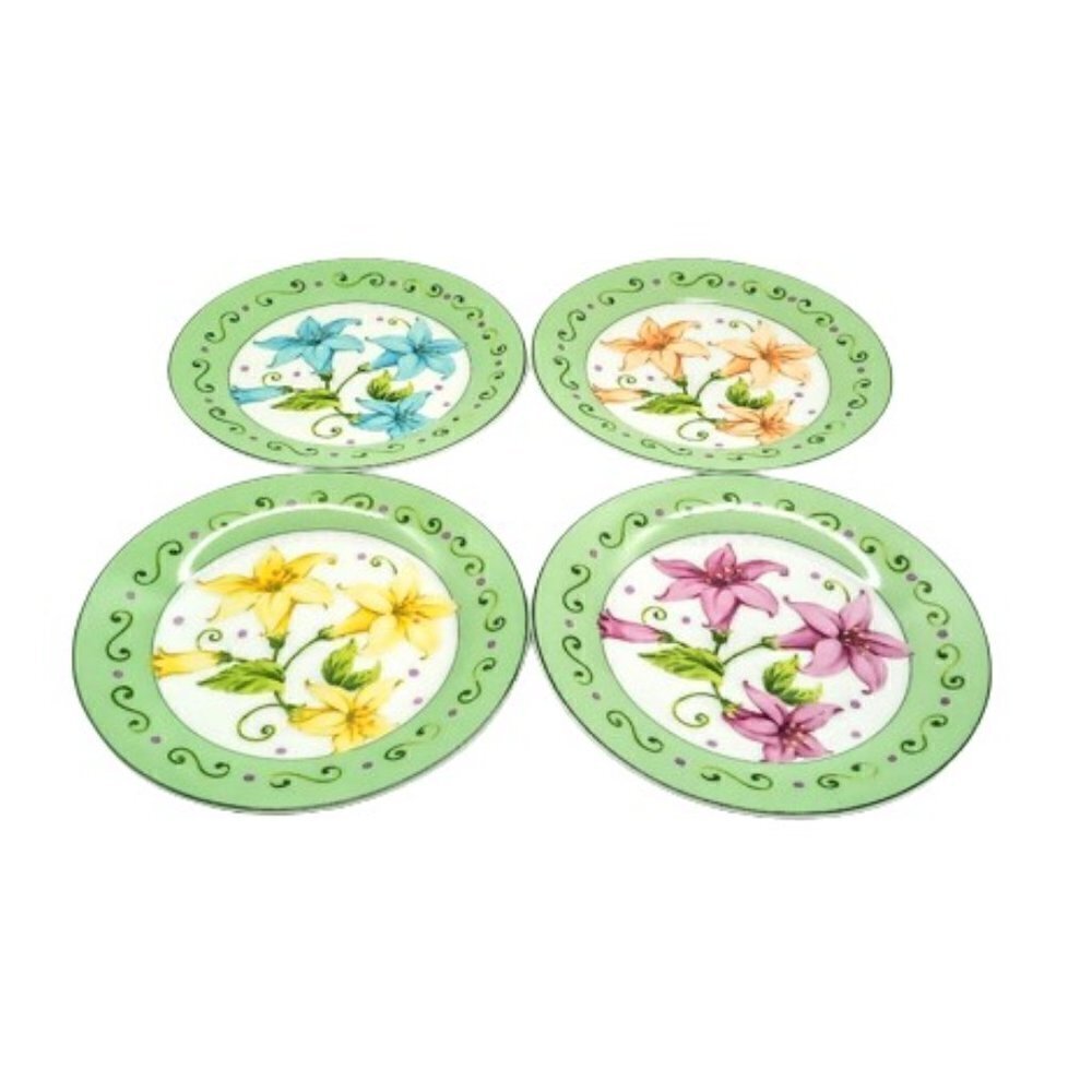 Set of 4 I. Godinger Green Rim Floral 7.5-Inch Salad Dessert Plates